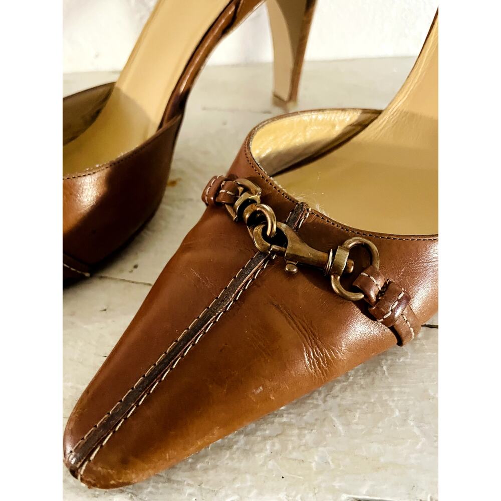 Coach Elissa Calf Leather Heels 9.5 M Cognac Brown Pointed Toe Horsebit Pumps